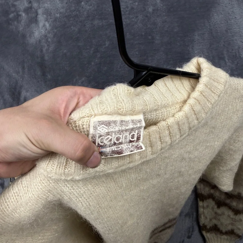 Samband of Iceland Sweater Mens M Cream Brown Fair Isle Wool Pullover Vintage